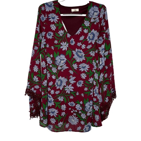 Entro Boho Bell Sleeve Floral Mini Dress Burgundy Blue Size Large - Picture 1 of 12